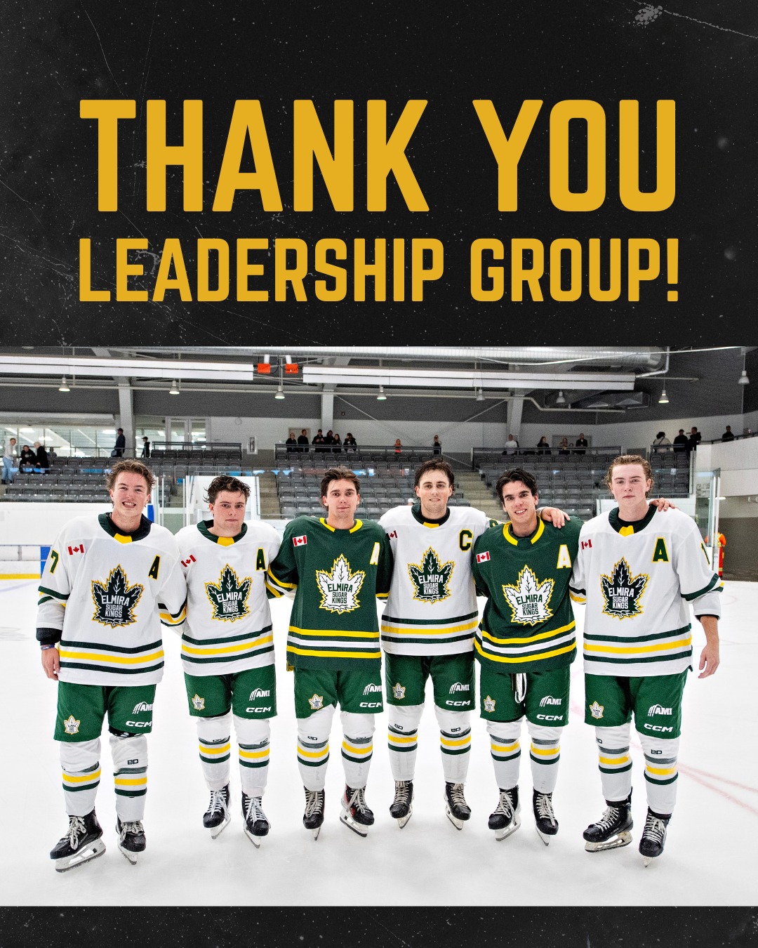 THANK YOU LEADERSHIP TEAM! A big thank you to our Captain, Brett Warrilow, and Assistant Captains (L-R) Nate Gravelle, Brendan Gerber, Kyle Morey, Alex Simioni, and Brady Schwindt! Thank you for all your hard work this season!

#elmirasugarkings #gohl #proudtobeaking