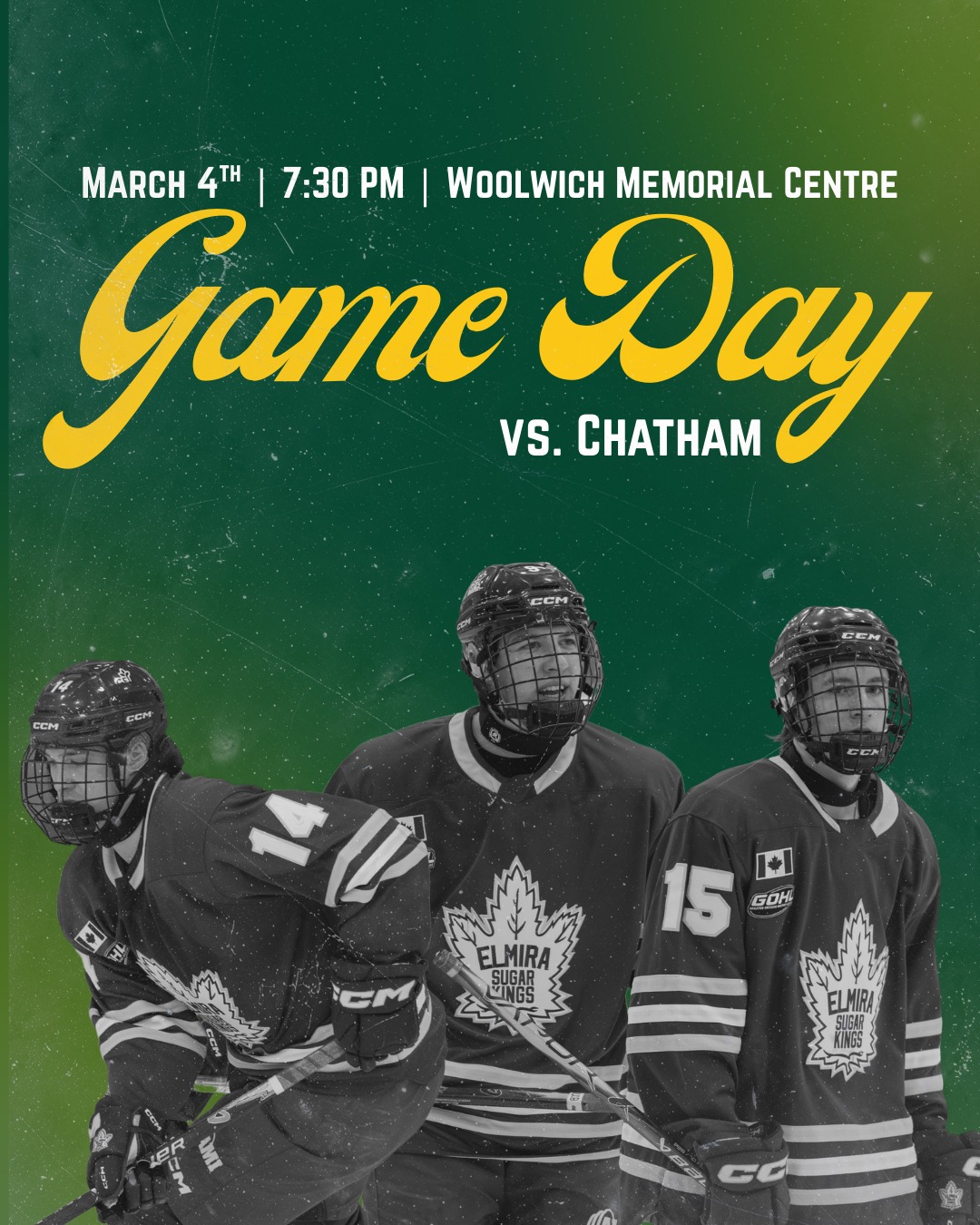 IT'S GAME DAY!! 🚨🚨 Tonight we face off against @chathammaroonshockey  at 7:30 PM!

Can't make the game? Watch on @flohockey 
**This is a makeup game from January 25th**

#elmirasugarkings #gohl #proudtobeaking
