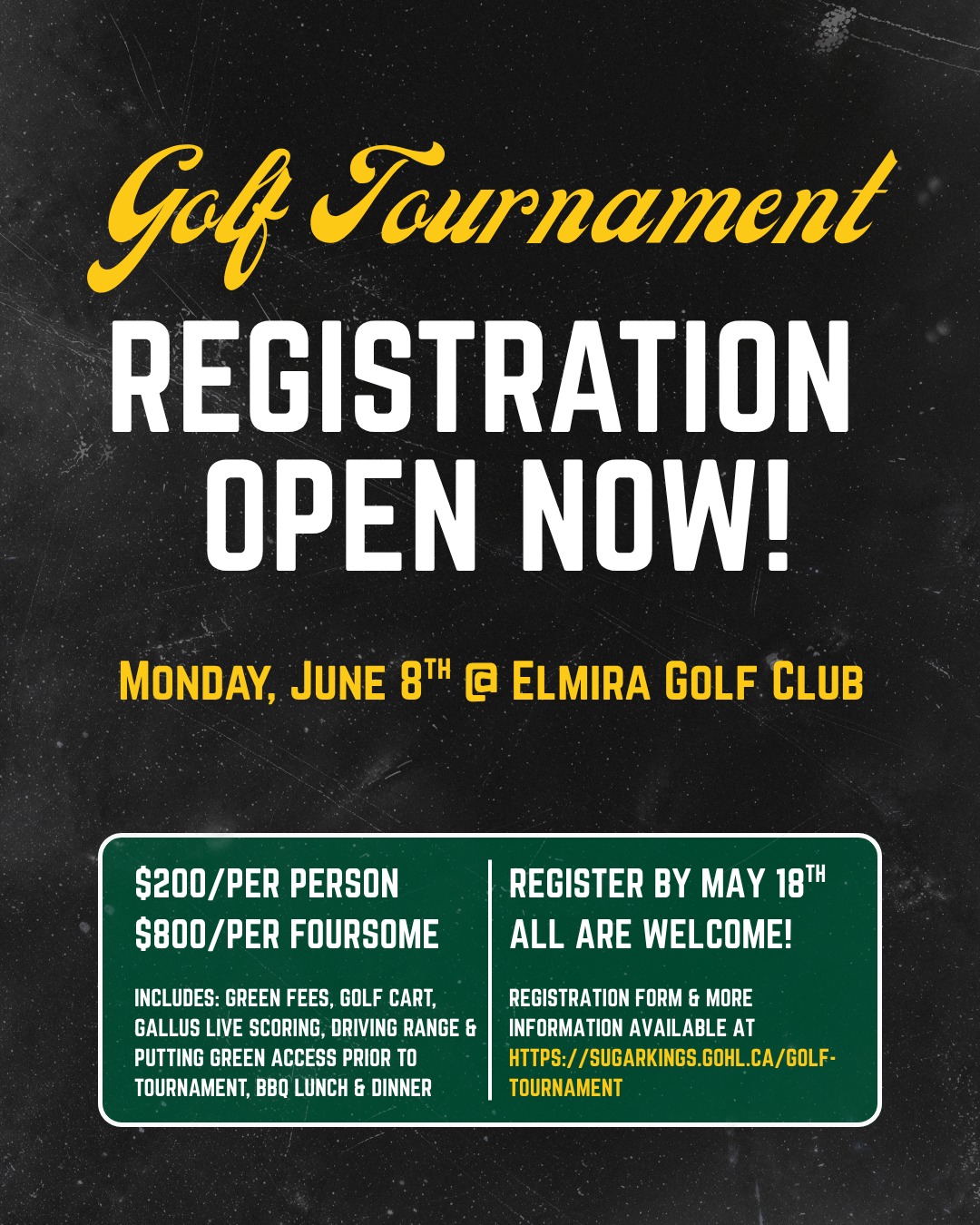 Golf Tournament Registration is open now! Space is only available for 120 golfers, so register quickly! Registration Form must be completed and sent to elmirasugarkings50@gmail.com, as well as full payment by May 18th!

Sponsorship Opportunities available! More information about sponsorship packages is available for on our website!

DM us "Golf Tournament" for the link 🔗

#elmirasugarkings #gohl #proudtobeaking