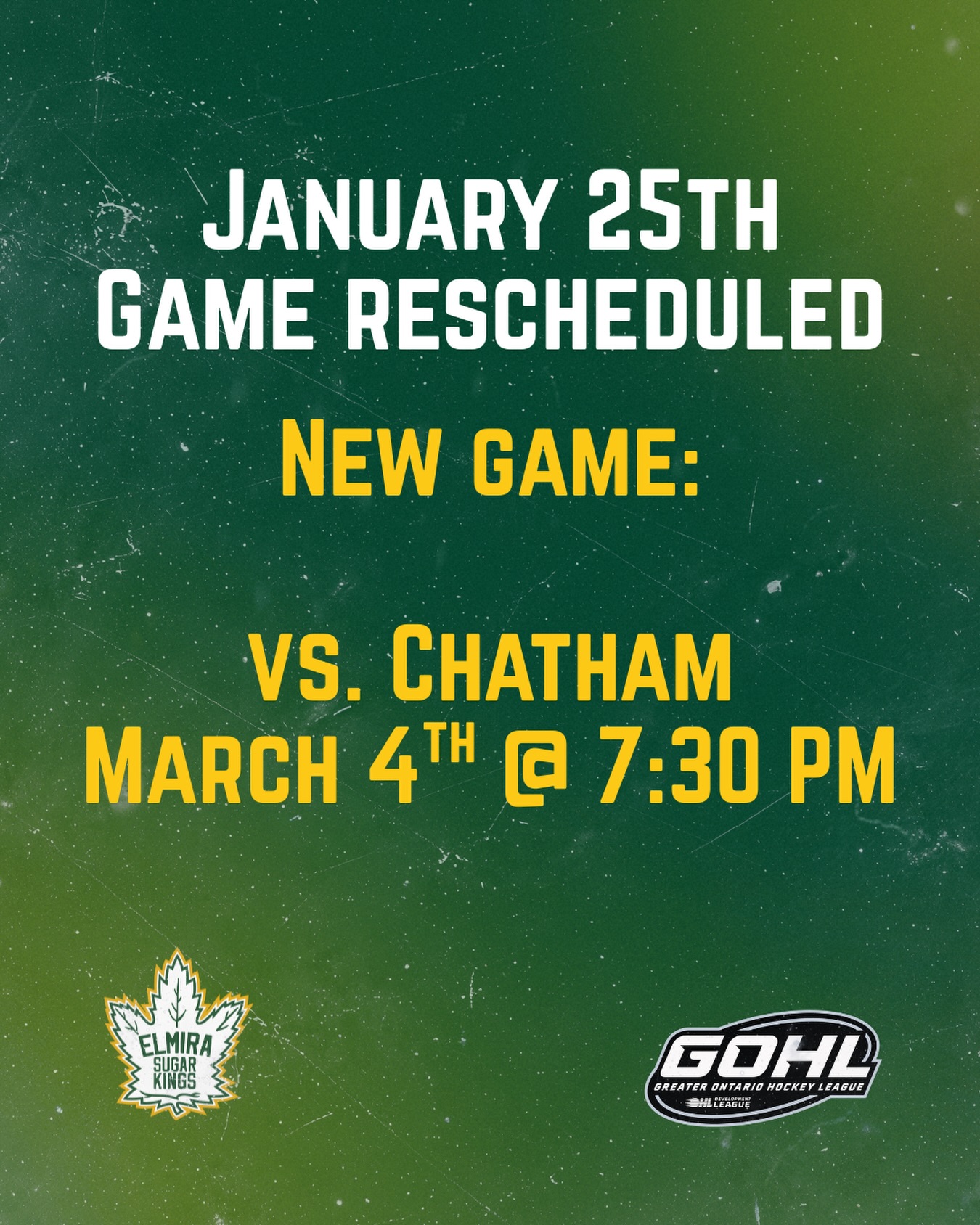 Our game from January 25th vs @chathammaroonshockey has been rescheduled for WEDNESDAY MARCH 4TH @ 7:30 PM. Warmup will stay at 7:00 PM