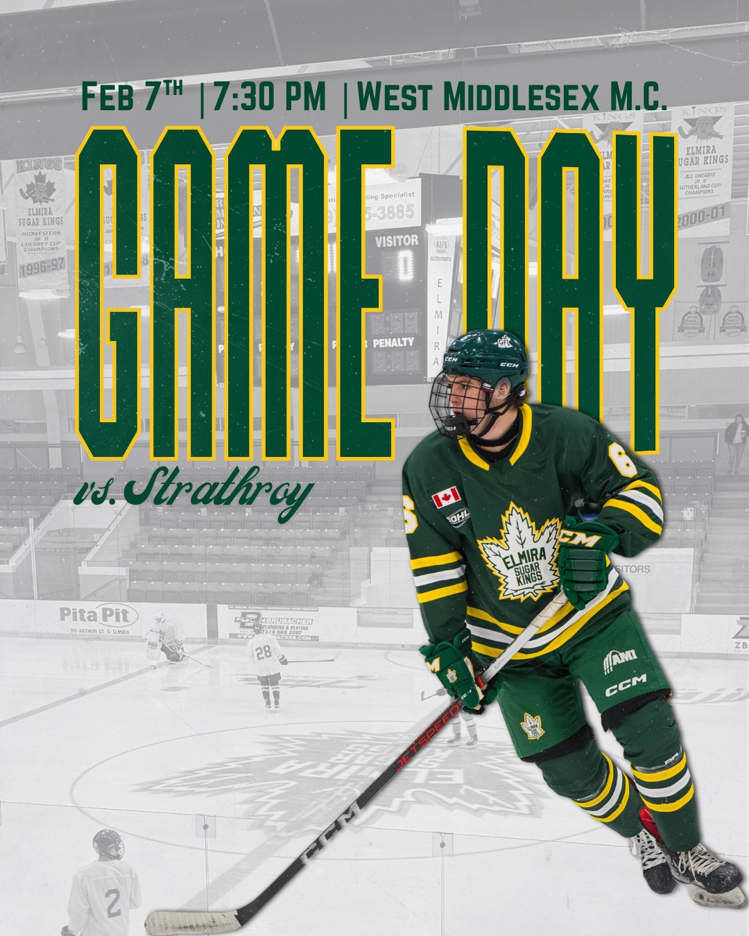 IT'S GAME DAY!! 🚨🚨 Tonight we face off against the @strathroyrockets  at 7:30 PM!

Can't make the game? Watch on @flohockey !

#elmirasugarkings #gohl #proudtobeaking
