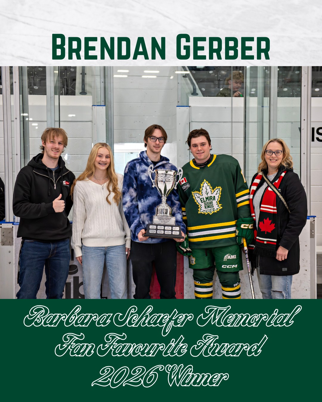 Congratulations to @brendan.gerber who was presented the winner of the 2026 Barbara Schaefer Memorial Fan Favourite Award on Sunday!

 #elmirasugarkings #gohl #proudtobeaking