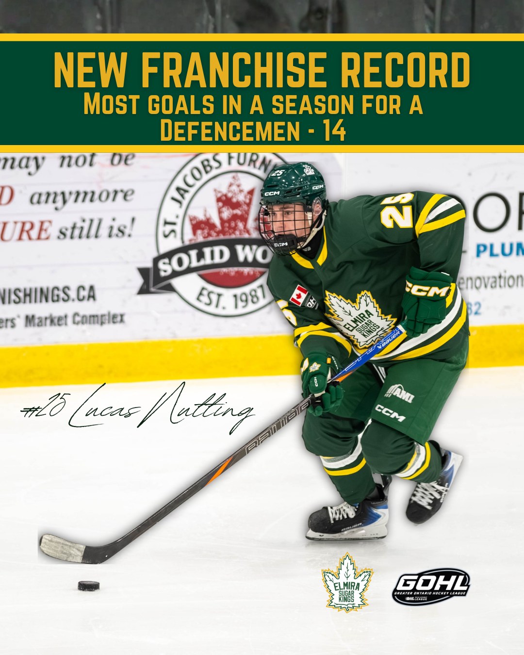 The Elmira Sugar Kings would like to congratulate @lucas_nutters  on breaking the Franchise Record for most goals in a single season by a defencemen in yesterday's game against Sarnia. Lucas has scored 14 goals this season, breaking the previous record of 13 goals by Jon Jutzi in 2009-10  and Liam Eveleigh in 2023-24. Congratulations Lucas!

 #elmirasugarkings #gohl #proudtobeaking