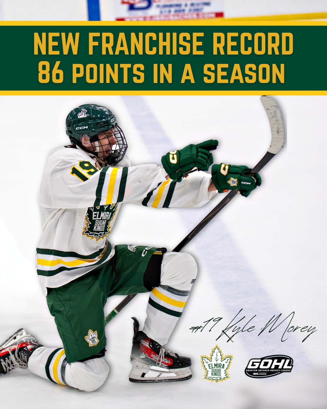 The Elmira Sugar Kings would like to congratulate @kylemorey91 on breaking the Franchise Record for most points in a single season in yesterday's game against Sarnia. Kyle has accumulated a total of 86 points this season, congratulations Kyle!

 #elmirasugarkings #gohl #proudtobeaking