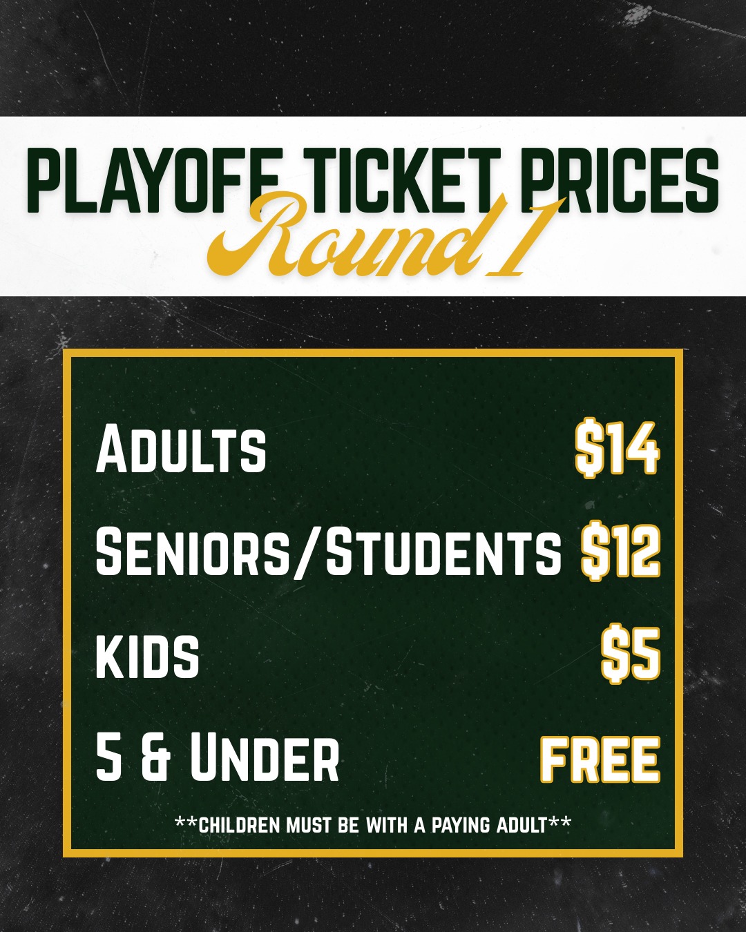 Round 1 Ticket Prices:
Adults - $14
Seniors/Students - $12
Kids - $5
5 & Under - Free

**Flex Packs & Sponsor Tickets cannot be used for playoff games**
**Children must be with a paying adult**

 #elmirasugarkings #gohl #proudtobeaking #sutherlandcup #oneteamonegoal #playoffshockey