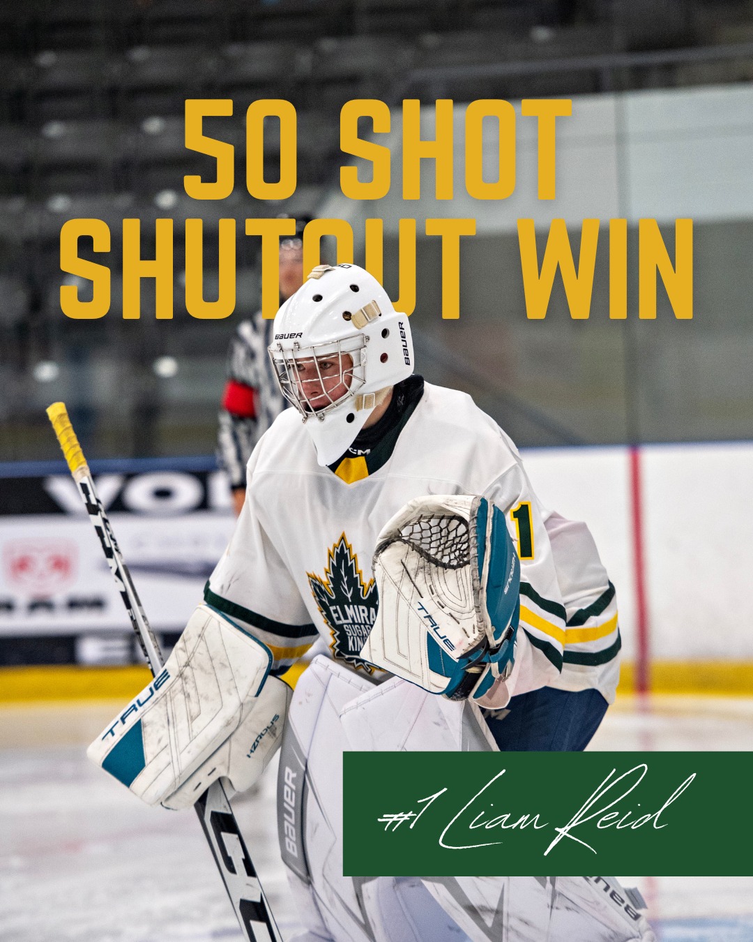 50 SHOT SHUTOUT WIN FOR @liamreid88_ !! Congratulations Liam! ⭐️

 #elmirasugarkings #proudtobeaking #gohl #OneTeamOneGoal