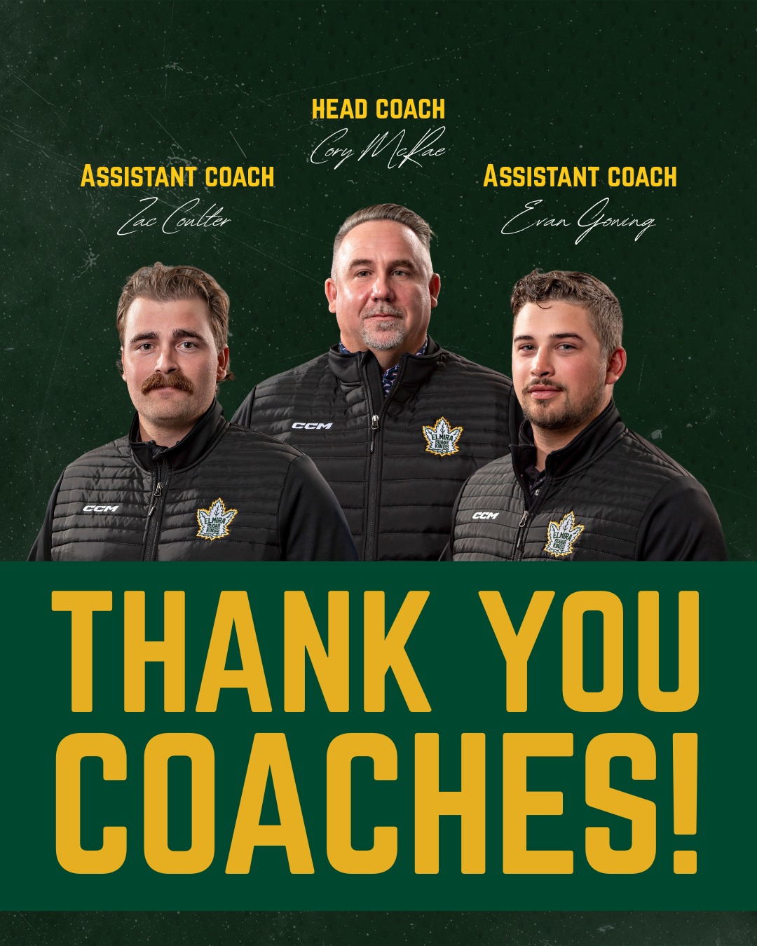 THANK YOU COACHES! A big thank you to Head Coach Cory McRae and Assistant and Assistant Coaches Zac Coulter and Evan Gowing for all the hard work and dedication they put into this season.

#elmirasugarkings #gohl #proudtobeaking