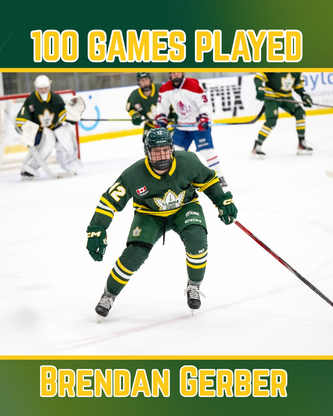 Last night in St. Marys @brendan.gerber completed his 100th game as an Elmira Sugar King! Brendan has 59 goals and 61 assists across the span of his 100 games, including the game winning goal in his 100th game! Congratulations Brendan!

#elmirasugarkings #gohl #onceakingalwaysaking