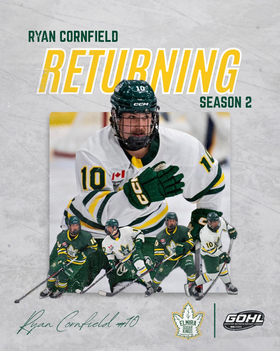 The Elmira Sugar Kings are pleased to announce the return of Ryan Cornfield for the 2026-27 season.

Ryan returns after recording 18 goals and 13 assists for 31 points last season, providing the Sugar Kings with a dependable offensive presence and veteran leadership. As he enters the final season of his junior hockey career, Ryan will continue to balance his commitment to the team while attending the University of Guelph.

Head Coach Cory McRae is excited to have Ryan back for one more season. "Ryan is a player who competes every night and leads by example. He brings experience, consistency, and an offensive touch that will be a big part of our success this season. We're excited to have him back while he continues his education at the University of Guelph."

#elmirasugarkings #gohl #proudtobeaking