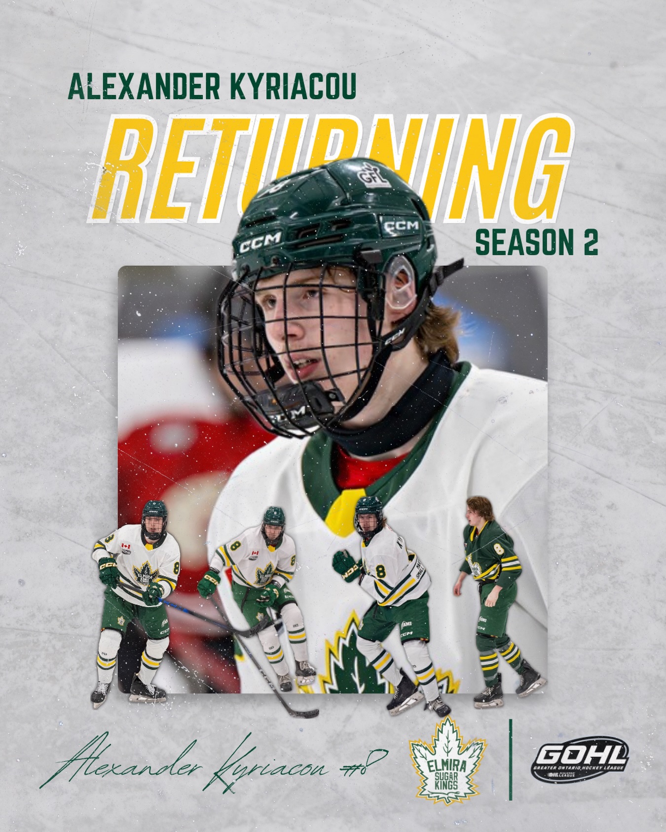 The Elmira Sugar Kings are pleased to announce the return of Alex Kyriacou for the 2026-27 season.

The towering 6’5” left-shot defenceman returns after recording 3 goals, 6 assists, and 77 penalty minutes in 44 games last season. Alex brings a physical edge and imposing presence to the Sugar Kings’ blue line, making him a difficult player for opponents to play against.

After making the jump to junior hockey last season, Alex continued to improve with every game and established himself as a dependable force on the back end. The coaching staff is excited to see him build on that progress and take another significant step forward this season.

Head Coach Cory McRae is excited to have Kyriacou back on the blue line.

“As the season went on last year, Alex adjusted to the pace of junior hockey extremely well and became a standout on our back end. His size, physicality, and ability to defend make him a tough player to play against, and we’re looking forward to seeing him continue to grow into one of the league’s top shutdown defencemen this season.”

#elmirasugarkings #gohl #proudtobeaking