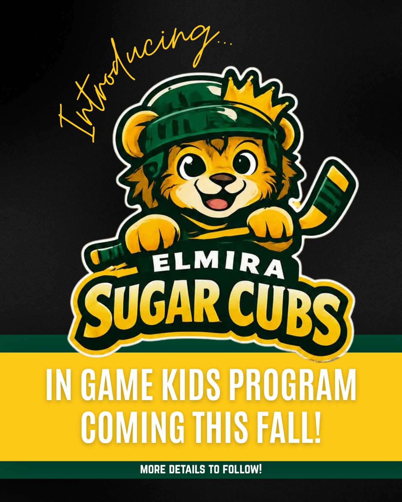 Exciting news Kings fans! 

We have something NEW coming for our 2026/2027 season! 

The Elmira Sugar Kings are excited to officially introduce the Sugar Cubs Club!

Thjs is a brand-new program designed especially for our youngest fans!

Whether your child already loves hockey or is stepping into the rink for the very first time, the Sugar Cubs Club is all about creating unforgettable memories, building community, and inspiring the next generation of Sugar Kings fans. We want to pack the arena with youth this coming season! 

Throughout the season, Sugar Cubs members will enjoy exciting game-day experiences, fun activities, exclusive rewards, opportunities to meet the players, and so much more!

Our goal is simple:
💚 Create lifelong hockey fans
💛 Build lasting memories
🦁 Grow the Pride, one Cub at a time

More details on memberships, registration, and everything included will be announced soon! 

We can’t wait to welcome our very first class of Sugar Cubs!

Every great idea starts somewhere. The Sugar Cubs Club began with one community member who saw an opportunity to create something special for our youngest fans. After months of planning, brainstorming, and countless hours of work, we’re proud to bring that vision to life.

Stay tuned; the adventure is about to begin! 🏒🦁💚

#elmirasugarkings #gohl #proudtobeaking