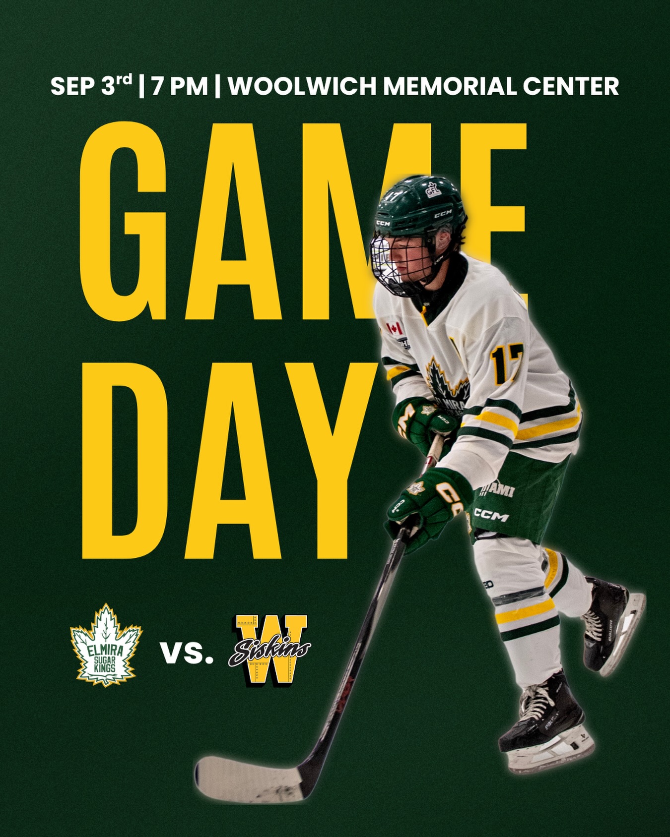 IT’S GAME DAY!! 🚨🚨
It’s our last preseason game tonight vs @siskinshockey at 7PM!

Can’t make the game? Watch on @flohockey 

#elmirasugarkings #gohl #proudtobeaking